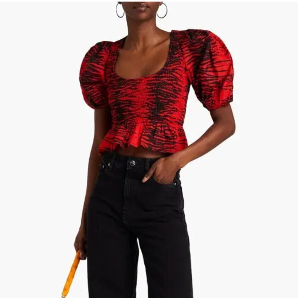 GANNI Tiger Print Smocked Crop Top Puff Sleeve Cotton Blouse Size 38